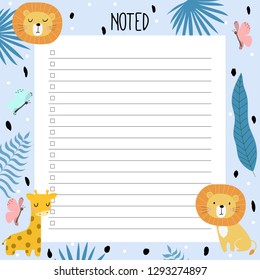 Planner template with hand-drawn lion and giraffe. Form, organizer, to-do list. Scandinavian style. For print.