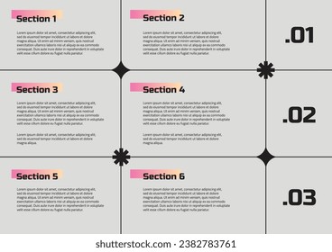 Planner template with infographics design vector with 6 sections, steps, or processes.