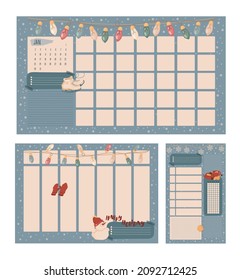 The planner template for a month, week and day in one set. Sheets of paper for printing. Effective planning of winter time. Isolated vector colorful element.