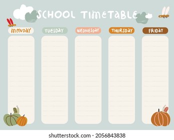 Planner template. School timetable. Organizer and schedule with place for Notes. 