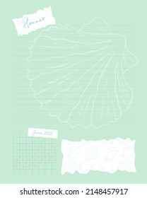 Planner template, seashells and calendar for June 2022. To-do list, reminders, notes, plans, vintage style. Vector illustration