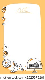 Planner template with sweets. Daily notes. Vector illustration. Cake, candy, donut, dessert, cookies, croissant. 