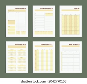 Planner template, vector elements for calendars and organizers, diary pages with habit tracker, weekly planner, year goals, daily tasks