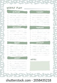 Planner template. Weekly check list. Organizer and schedule with place for Notes. 