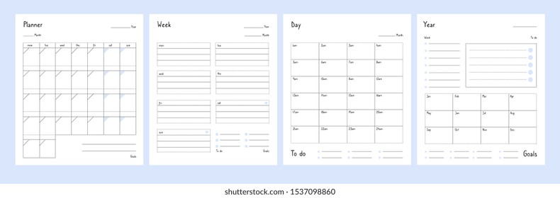 Planner templates. Year, weekly and day planning tabs for notebook pages. Business book diary, office organizer plans vector set