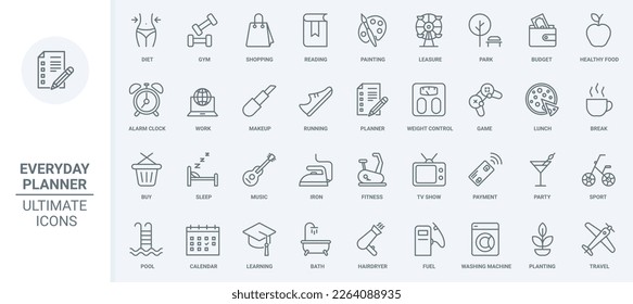 Planner thin line icons set vector illustration. Outline calendar mobile app symbols of healthy leisure and fitness workout in gym, diet control of health and weight, coffee break and payment