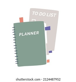 Lista de planificadores y tareas pendientes. Concepto de planificación del tiempo. Vista superior del bloc de notas con planificador de tiempo y tareas pendientes. Ilustración vectorial aislada en fondo blanco.