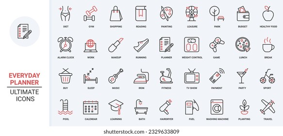 Planner trendy red black thin line icons set vector illustration. Calendar mobile app symbols of healthy leisure, fitness workout in gym, diet control of health and weight, coffee break and payment.