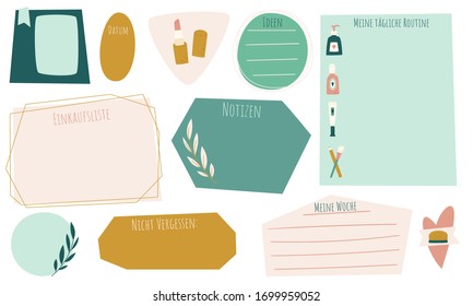 Planner vector stickers. German speakers bullet journal stickers with titles "Date", "Ideas", "My daily routine", "Shopping list", "Notes", "Do not forget", "My week". Decorative labels and tags 