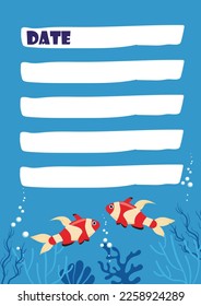 Planner vector template marine design exotic fish. Organizer school sea life flat style.