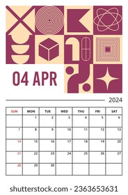 Planner vertical page on April 2024 year template of Brutalist style design. Weeks starts on Sunday. Calendar plan of Minimalist Geometric shapes print. Vector illustration