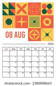Página vertical del planificador en agosto de 2024 plantilla de diseño de estilo Brutalista. Las semanas comienzan el domingo. Plan de calendario de las formas geométricas minimalistas impresas. Ilustración del vector