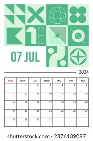 Planner vertical page on July 2024 year template of Brutalist style design. Weeks starts on Sunday. Calendar plan of Minimalist Geometric shapes print. Vector illustration