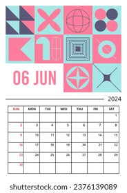 Planner vertical page on June 2024 year template of Brutalist style design. Weeks starts on Sunday. Calendar plan of Minimalist Geometric shapes print. Vector illustration