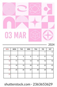 Planner vertical page on March 2024 year template of Brutalist style design. Weeks starts on Sunday. Calendar plan of Minimalist Geometric shapes print. Vector illustration