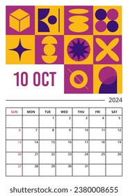 Planner vertical page on October 2024 year template of Brutalist style design. Weeks starts on Sunday. Calendar plan of Minimalist Geometric shapes print. Vector illustration