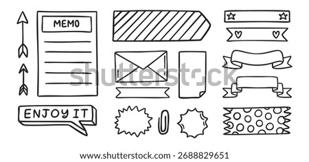 Planner washi tapes and label strips, decorative reminders, line art outline contour, monochrome, hand drawn. Vector illustration.
