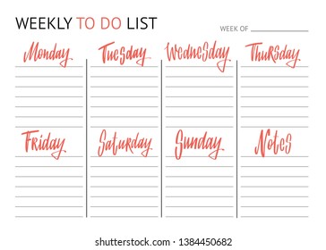 Planner for week. To Do list. Names of weekdays. Hand drawn lettering on white background. Modern brush vector calligraphy