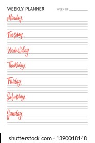 Planner for week. To Do list. Names of weekdays. Hand drawn lettering on white background. Modern brush vector calligraphy