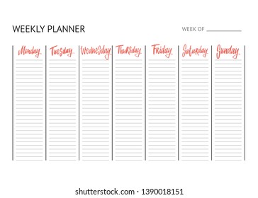 Planner for week. To Do list. Names of weekdays. Hand drawn lettering on white background for your calendar design. Modern brush vector calligraphy