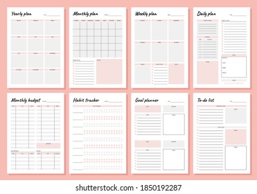 Planner. Weekly and days organizers for schedule list with reminder, checklists, important date and notes. Simple life planners daily routine organization time management vector minimalist templates