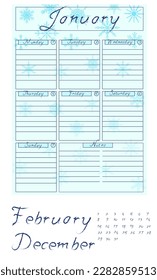 The planner - winter, the page is divided into days of the week, you can insert the desired date and the desired month. Vector graphics