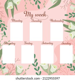 Planner for women. Place for notes. Schedule by day of the week. Vector Stock illustration. Pink background. Plants and flowers. Notebook