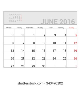 planners for 2016 june vector illustration