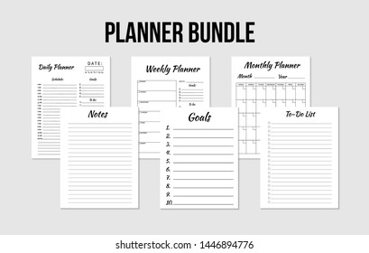 Planners bundle: daily, weekly,  monthly planner,  to-do list,  goals, notes template. Blank notebook page isolated on grey. Business organizer paper sheet. Realistic vector illustration. 