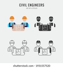 planners civil engineers vector icon with blueprint and work suits