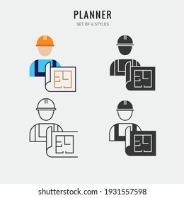 planners civil engineers vector icon with blueprint and work suits