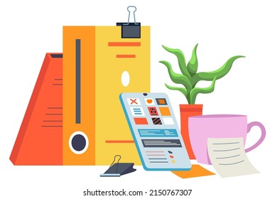 Planners and organizers easing business and personal life, management and organization of workload. Gadget tablet with application, notes and stickers for memo and notes. Vector in flat style