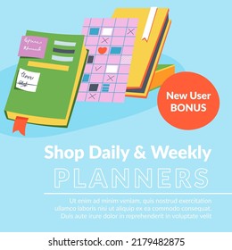 Planners and organizers, journals and notebooks for tracking success and personal growth. Shop daily and weekly, stationery and office supplies. Diary and stickers management. Vector in flat style