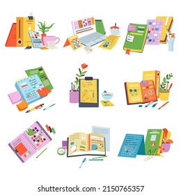 Planners and organizers for writing down schedule and ideas. Isolated notebooks with pencils and pens, sketchbook for artist drawing and creative painting. Calendars and laptop. Vector in flat style