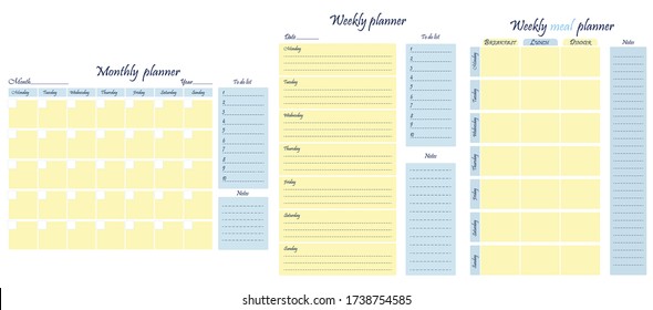 Planners package: weekly, monthly, weekly meal plan, to-do list, goals, note template. Business organizer. Stationery for planning. Vector illustration.