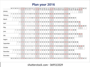 Planners schedule cases all days cells for 2016