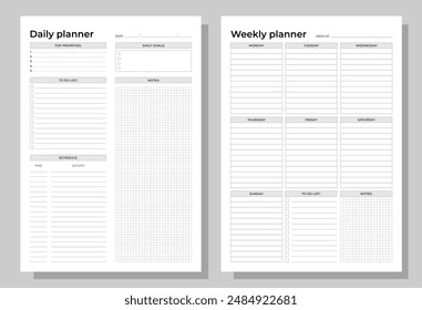 Planners set. Daily and weekly planners. Blank white notebook page A4. 