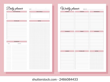 Planners set. Daily and weekly planners. Blank white notebook page A4. 