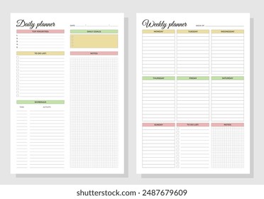 Planners set. Daily and weekly planners. Blank white notebook page A4. 