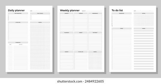 Planificadores establecidos. Lista de tareas diarias, semanales. Cuaderno blanco en blanco página A4. 