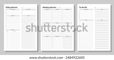 Planners set. Daily, weekly, to do list. Blank white notebook page A4. 