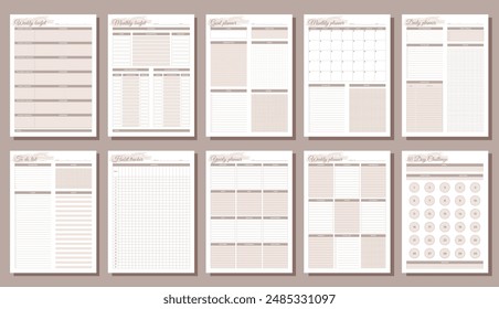 Planners set. Daily, weekly, monthly, yearly, habit tracker, to do list, goal, monthly budjet, weekly budjet and challenge. Blank white notebook page A4. 