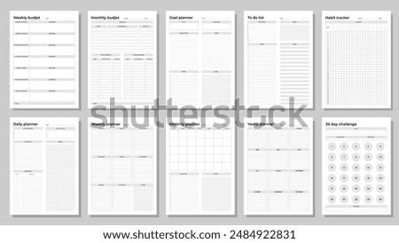 Planners set. Daily, weekly, monthly, yearly, habit tracker, to do list, goal, monthly budjet, weekly budjet and challenge. Blank white notebook page A4. 