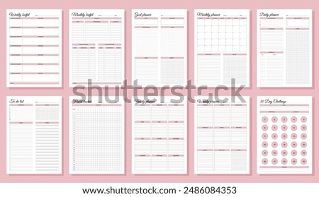Planners set. Daily, weekly, monthly, yearly, habit tracker, to do list, goal, monthly budjet, weekly budjet and challenge. Blank white notebook page A4. 