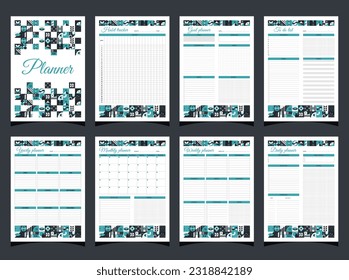 Planners set geometry. Daily, weekly, monthly, yearly, habbit tracker, to do list, goal planners and cover. Planners printable template with geometric shapes. Blank white notebook page A4. 