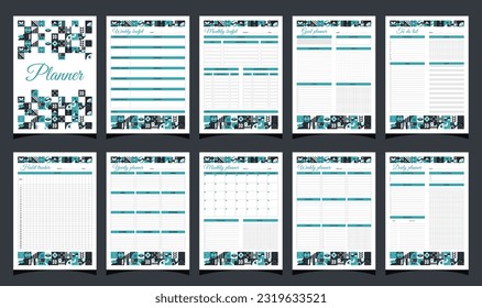 Planners set geometry. Daily, weekly, monthly, yearly, habit tracker, to do list, goal, monthly budjet, weekly budjet and cover.  Planners printable template with geometric shapes. 