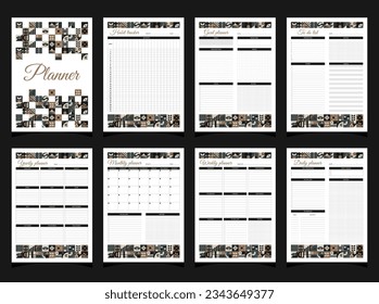 Planners set geometry. Daily, weekly, monthly, yearly, habbit tracker, to do list, goal planners and cover. Planners printable template with geometric shapes. Blank white notebook page A4. 