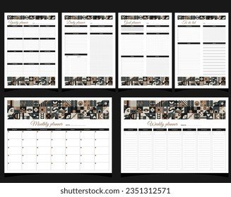 Planners set geometry. Daily, weekly, monthly, yearly, goal and to do list planners. Planners printable template with geometric shapes. Blank white notebook page A4. Vector illustration.
