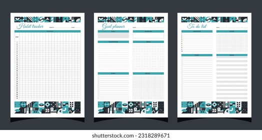 Planners set geometry. Habbit tracker, to do list and goal planners. Planners printable template with geometric shapes. Blank white notebook page A4. Vector illustration.