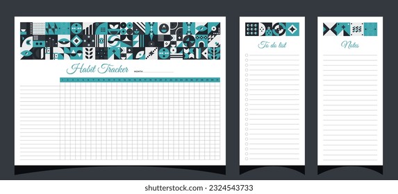 Planners set geometry. Habit tracker, to do list and notes planners. Planners printable template with geometric shapes. Blank white notebook page A4. Vector illustration.